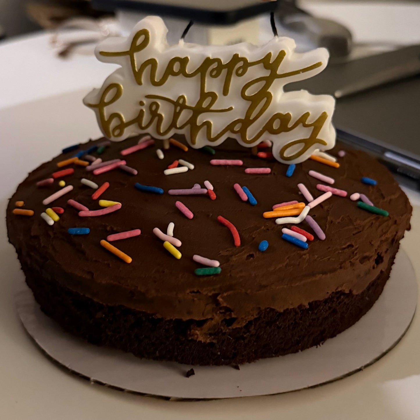 Chocolate cake with colorful sprinkles on a white plate.