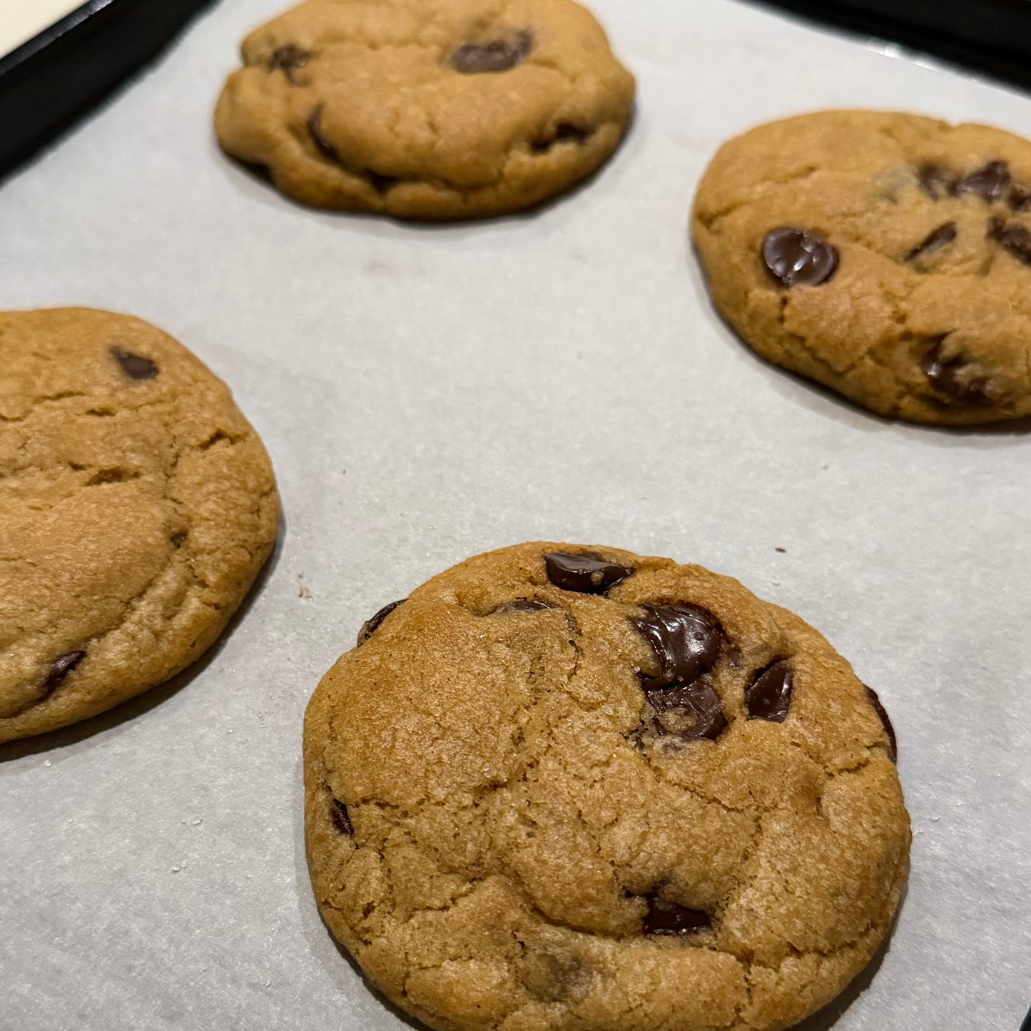 Brown butter chocolate chip cookies on a hot pan